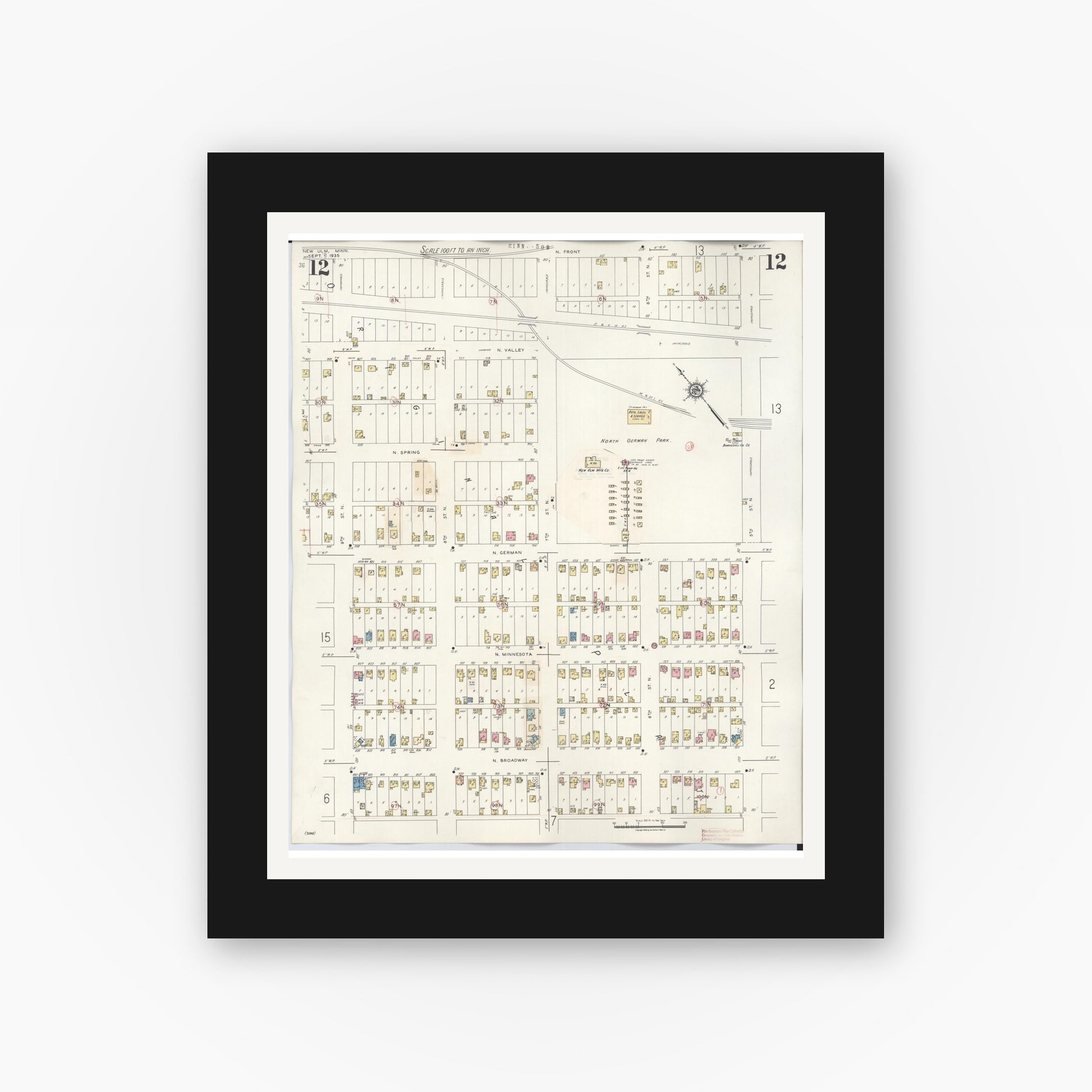 Old map wall art mockup — black gallery frame with white mat — Sanborn Fire Insurance Map from New Ulm, Brown County, Minnesota (1946), Sheet #0012