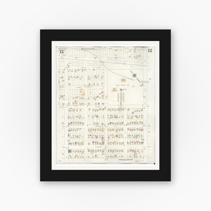 Old map wall art mockup — black gallery frame with white mat — Sanborn Fire Insurance Map from New Ulm, Brown County, Minnesota (1946), Sheet #0012