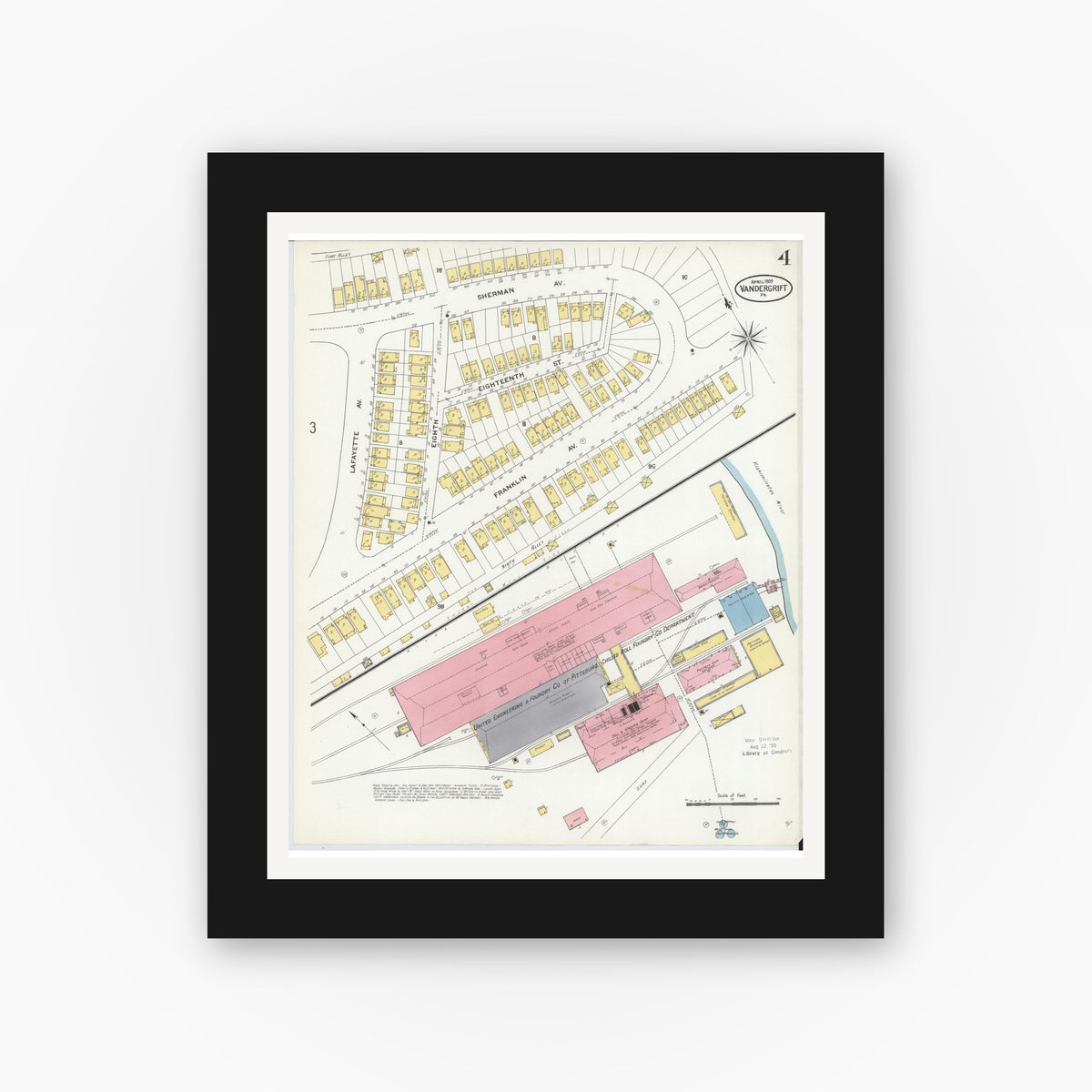 Old map wall art mockup — black gallery frame with white mat — Sanborn Fire Insurance Map from Vandergrift, Westmoreland County, Pennsylvania (1909), Sheet #0004