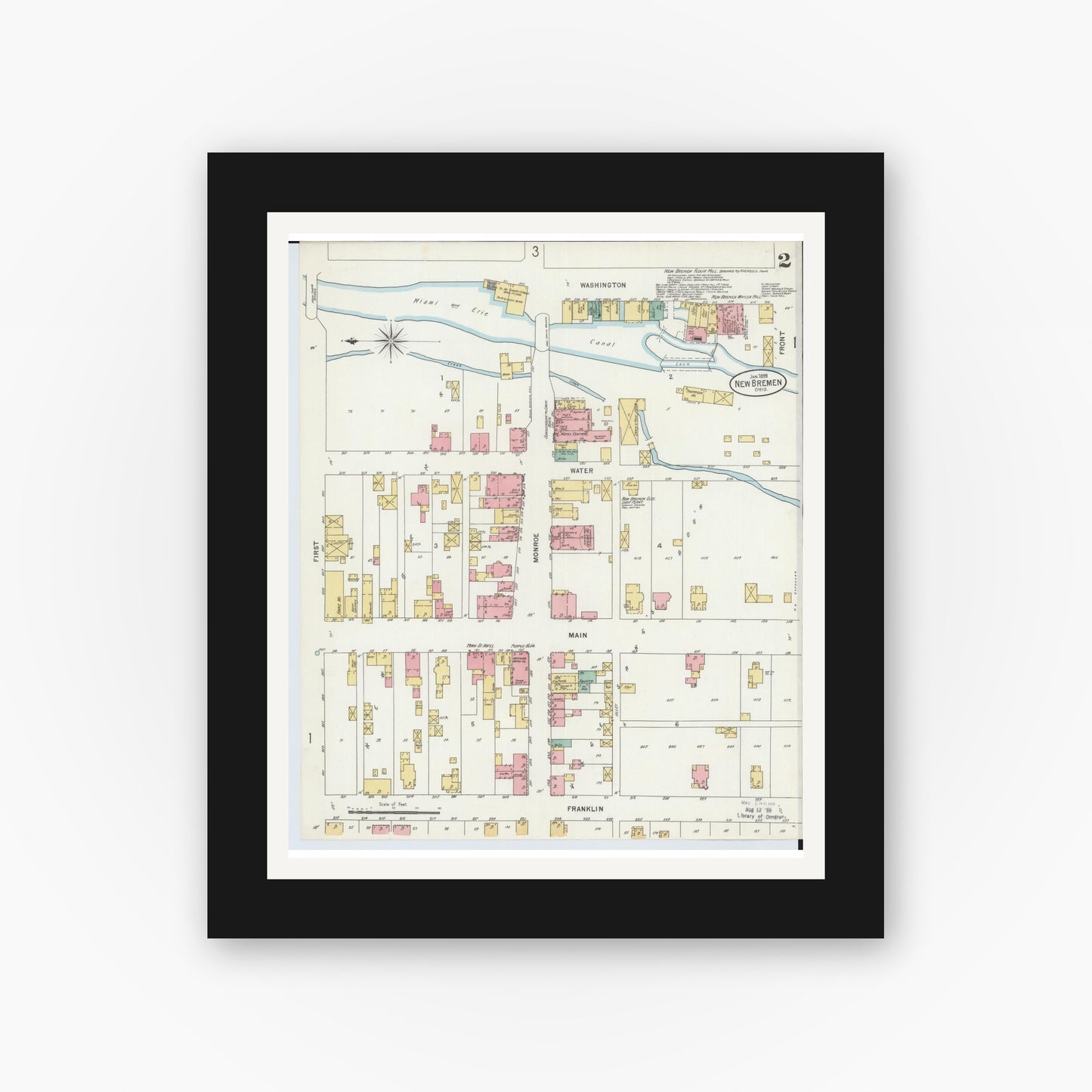 Old map wall art mockup — black gallery frame with white mat — Sanborn Fire Insurance Map from New Bremen, Auglaize County, Ohio (1899), Sheet #0002