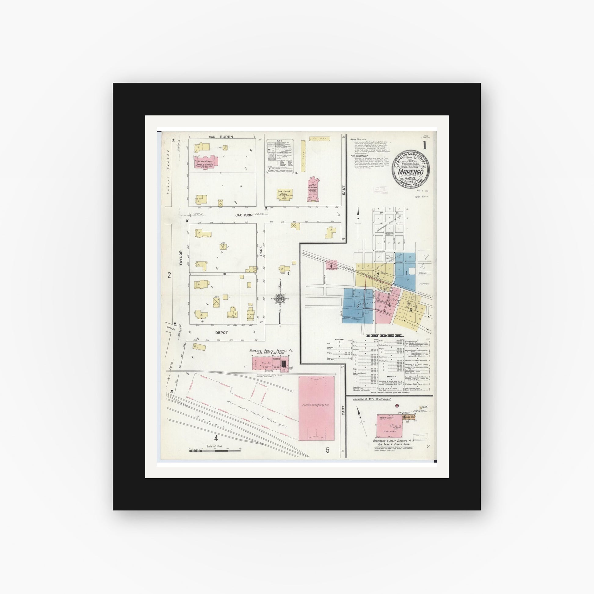 Old map wall art mockup — black gallery frame with white mat — Sanborn Fire Insurance Map from Marengo, McHenry County, Illinois (1912), Sheet #0001