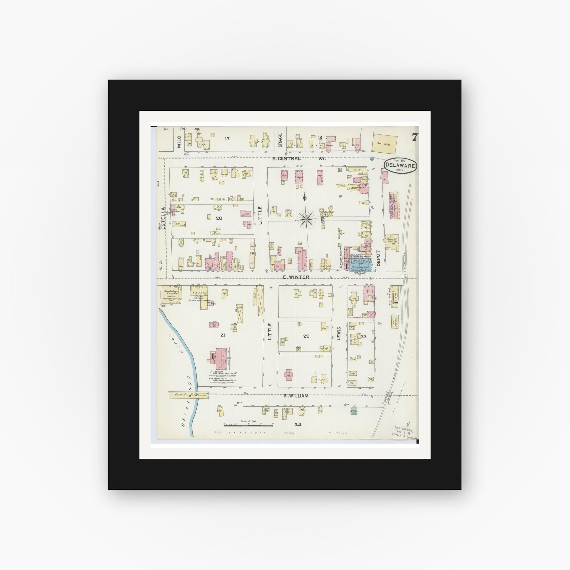 Old map wall art mockup — black gallery frame with white mat — Sanborn Fire Insurance Map from Delaware, Delaware County, Ohio (1890), Sheet #0007