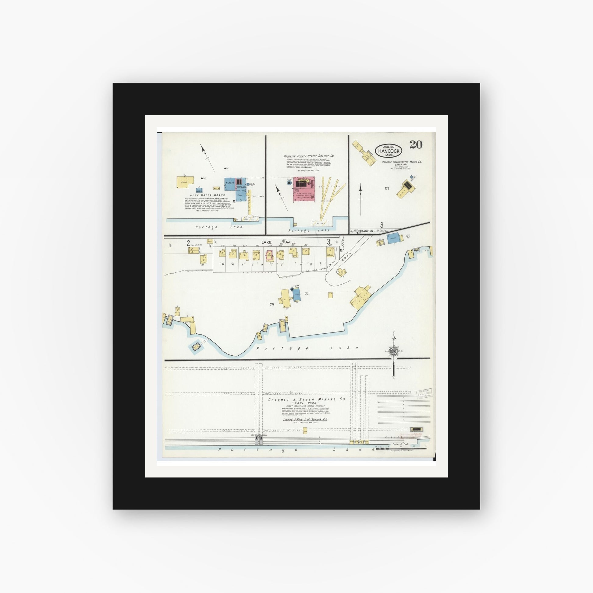 Old map wall art mockup — black gallery frame with white mat — Sanborn Fire Insurance Map from Hancock, Houghton County, Michigan (1917), Sheet #0020