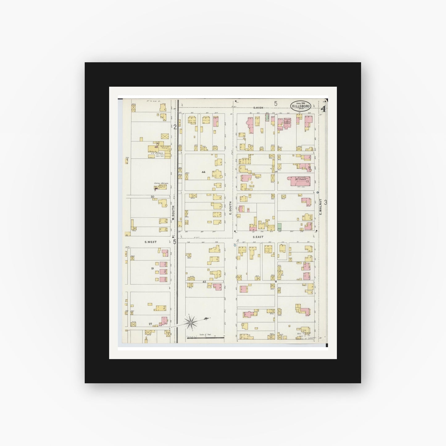 Old map wall art mockup — black gallery frame with white mat — Sanborn Fire Insurance Map from Hillsboro, Highland County, Ohio (1898), Sheet #0004