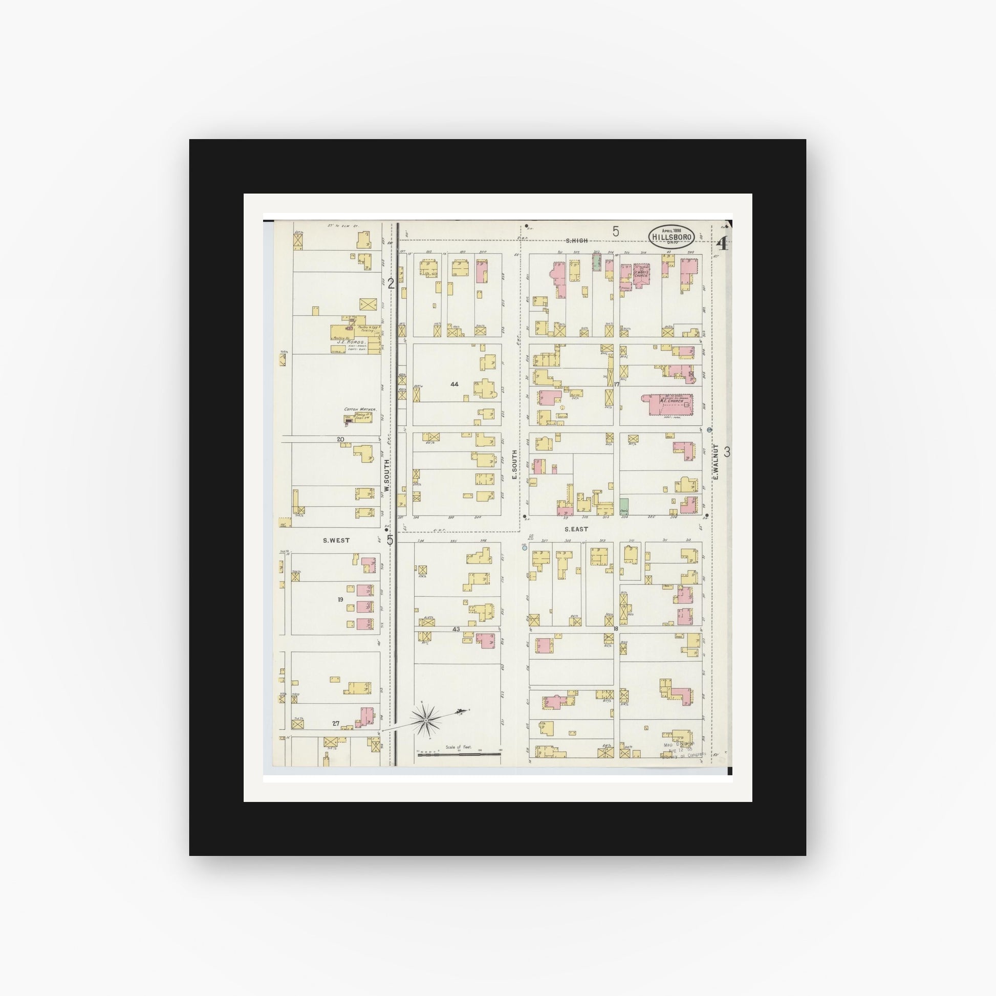 Old map wall art mockup — black gallery frame with white mat — Sanborn Fire Insurance Map from Hillsboro, Highland County, Ohio (1898), Sheet #0004