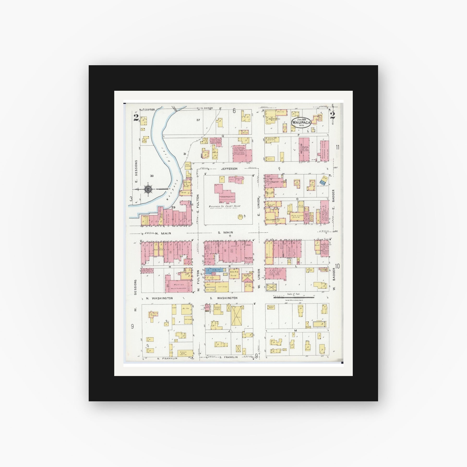 Old map wall art mockup — black gallery frame with white mat — Sanborn Fire Insurance Map from Waupaca, Waupaca County, Wisconsin (1924), Sheet #0002