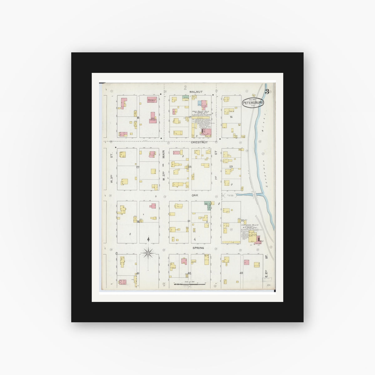 Old map wall art mockup — black gallery frame with white mat — Sanborn Fire Insurance Map from Petersburg, Menard County, Illinois (1892), Sheet #0003