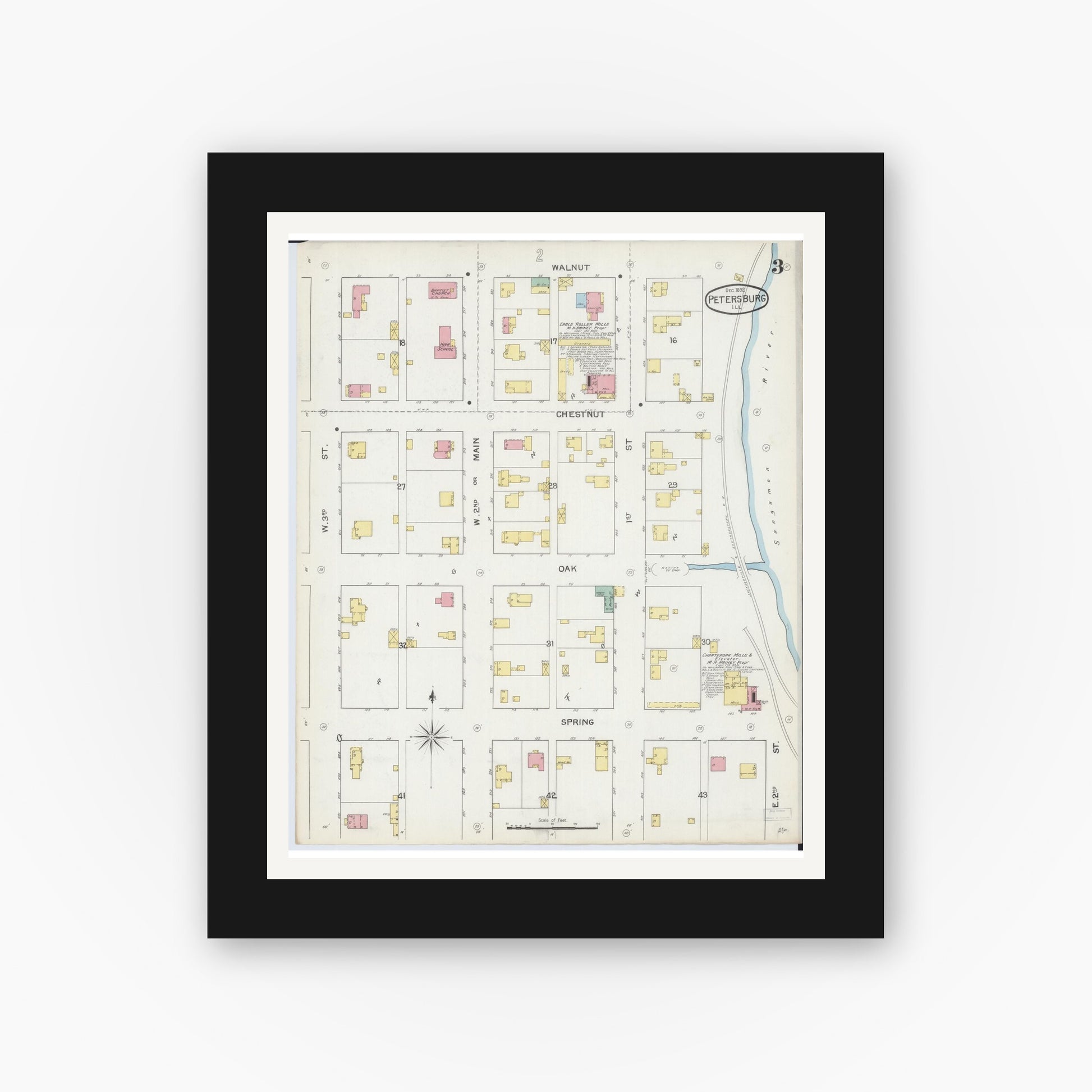 Old map wall art mockup — black gallery frame with white mat — Sanborn Fire Insurance Map from Petersburg, Menard County, Illinois (1892), Sheet #0003