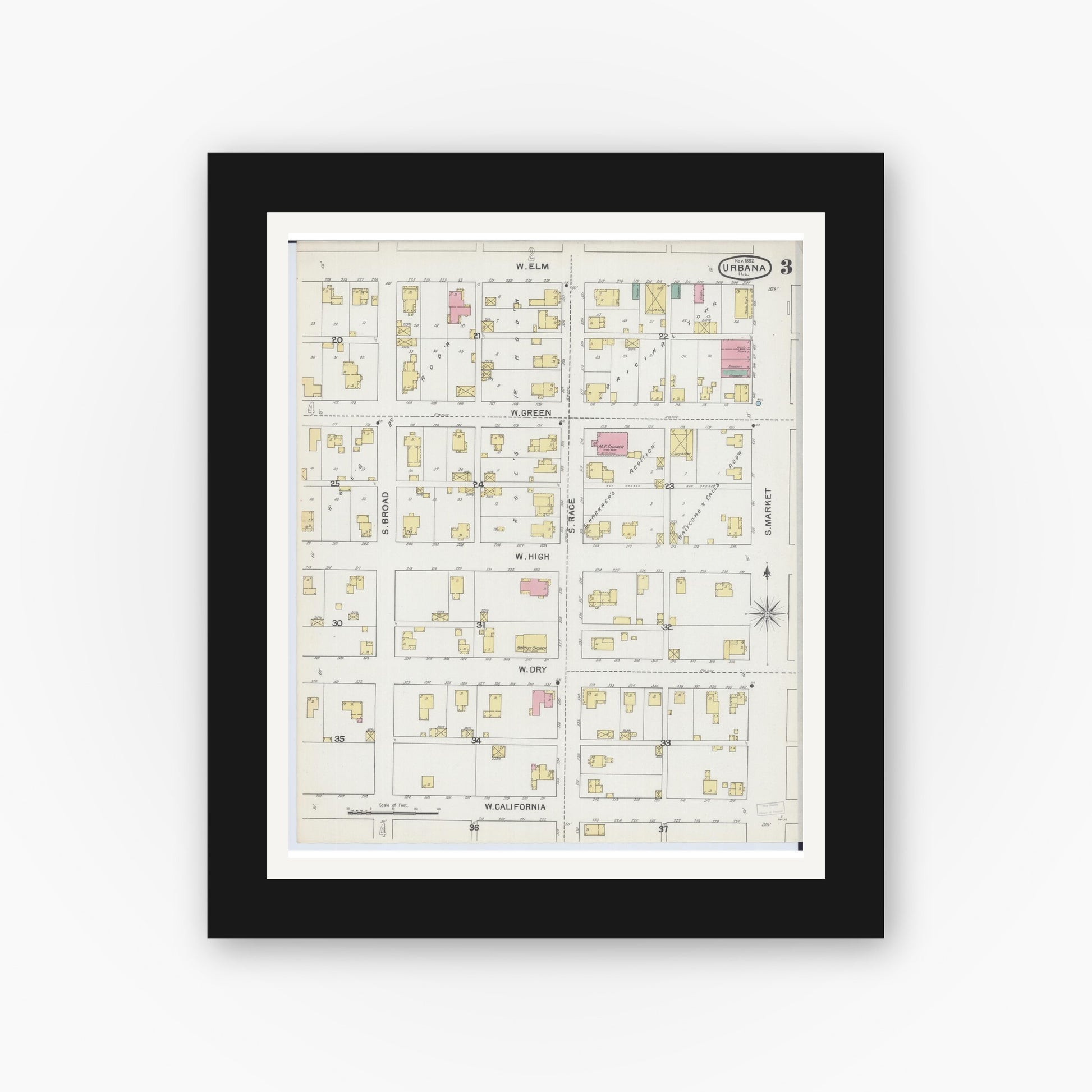 Old map wall art mockup — black gallery frame with white mat — Sanborn Fire Insurance Map from Urbana, Champaign County, Illinois (1892), Sheet #0003