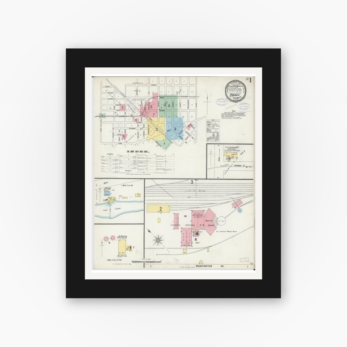 Old map wall art mockup — black gallery frame with white mat — Sanborn Fire Insurance Map from Amboy, Lee County, Illinois (1897), Sheet #0001