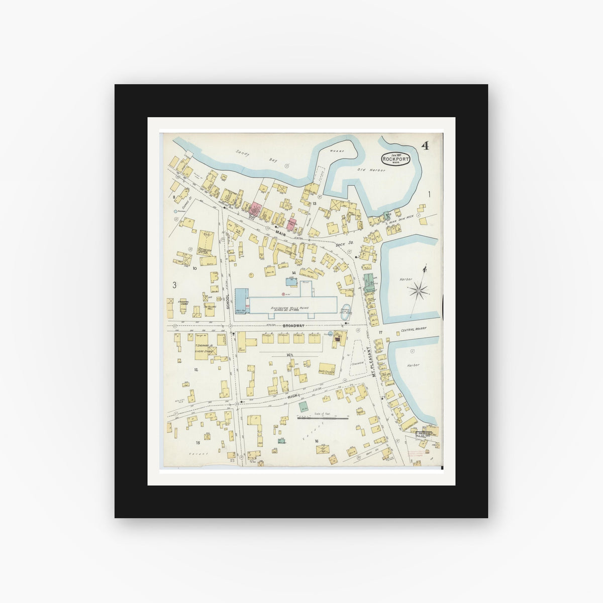 Old map wall art mockup — black gallery frame with white mat — Sanborn Fire Insurance Map from Rockport, Essex County, Massachusetts (1897), Sheet #0004