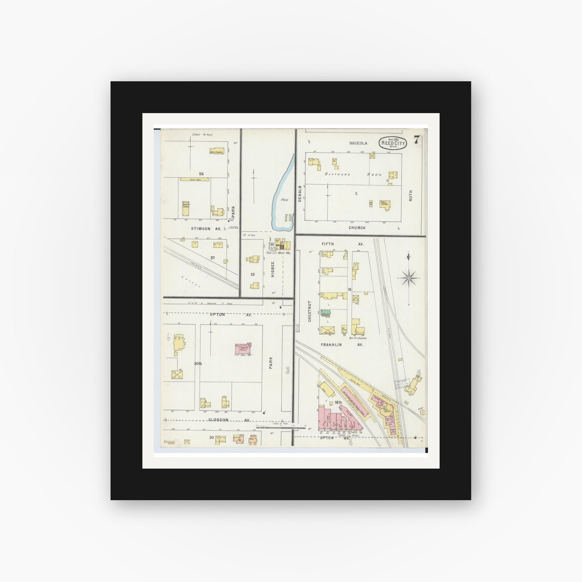 Old map wall art mockup — black gallery frame with white mat — Sanborn Fire Insurance Map from Reed City, Osceola County, Michigan (1895), Sheet #0007