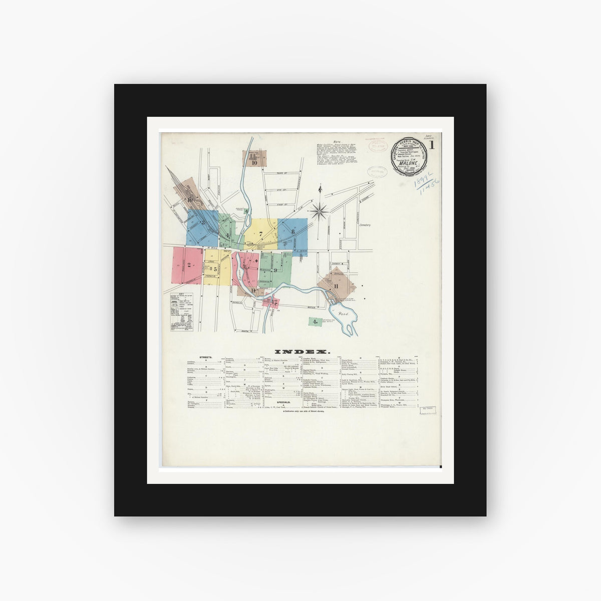 Old map wall art mockup — black gallery frame with white mat — Sanborn Fire Insurance Map from Malone, Franklin County, New York (1898), Sheet #0001