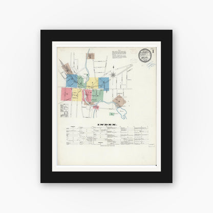 Old map wall art mockup — black gallery frame with white mat — Sanborn Fire Insurance Map from Malone, Franklin County, New York (1898), Sheet #0001