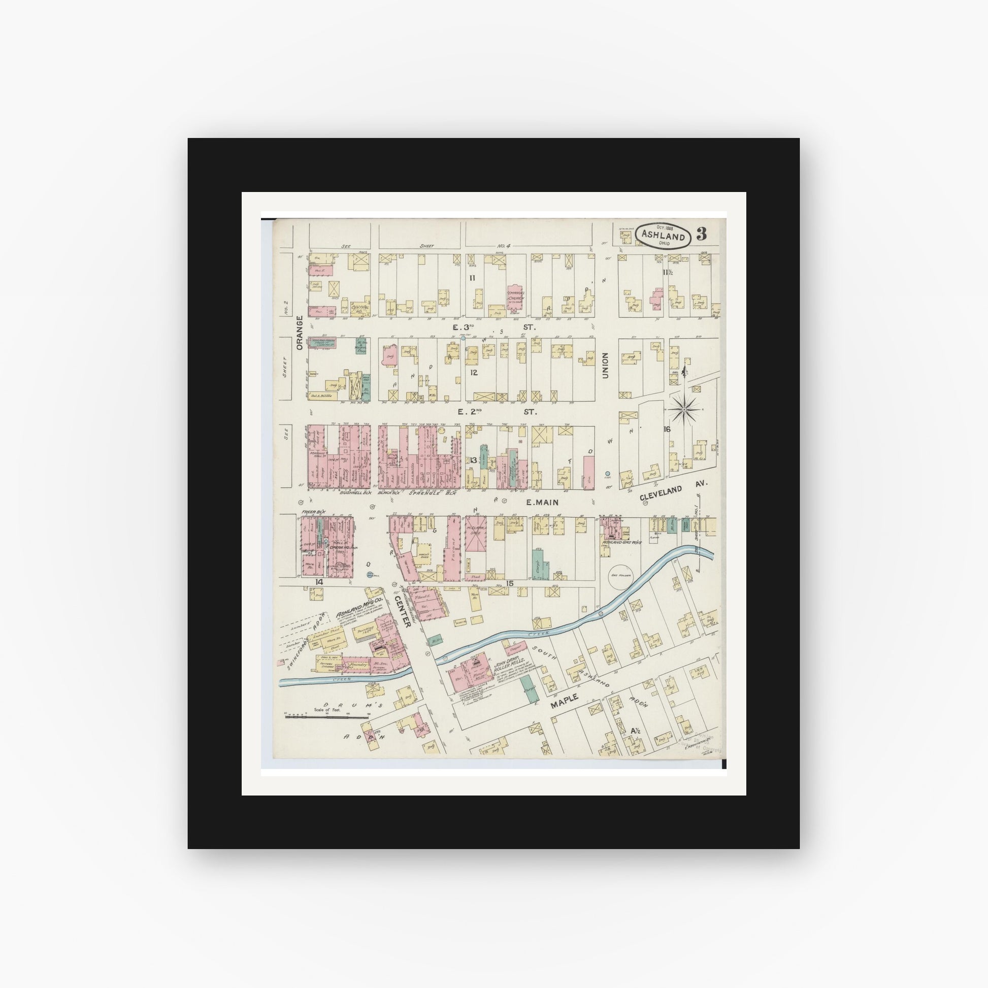 Old map wall art mockup — black gallery frame with white mat — Sanborn Fire Insurance Map from Ashland, Ashland County, Ohio (1888), Sheet #0003
