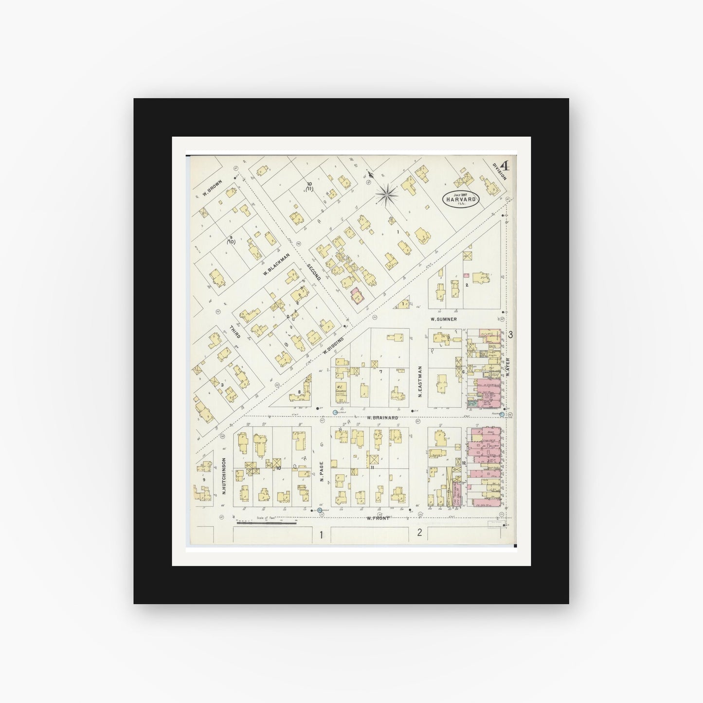Old map wall art mockup — black gallery frame with white mat — Sanborn Fire Insurance Map from Harvard, McHenry County, Illinois (1897), Sheet #0004