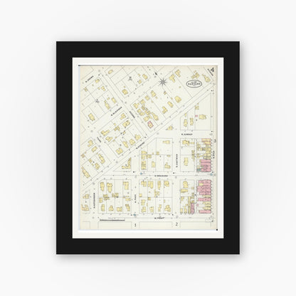 Old map wall art mockup — black gallery frame with white mat — Sanborn Fire Insurance Map from Harvard, McHenry County, Illinois (1897), Sheet #0004