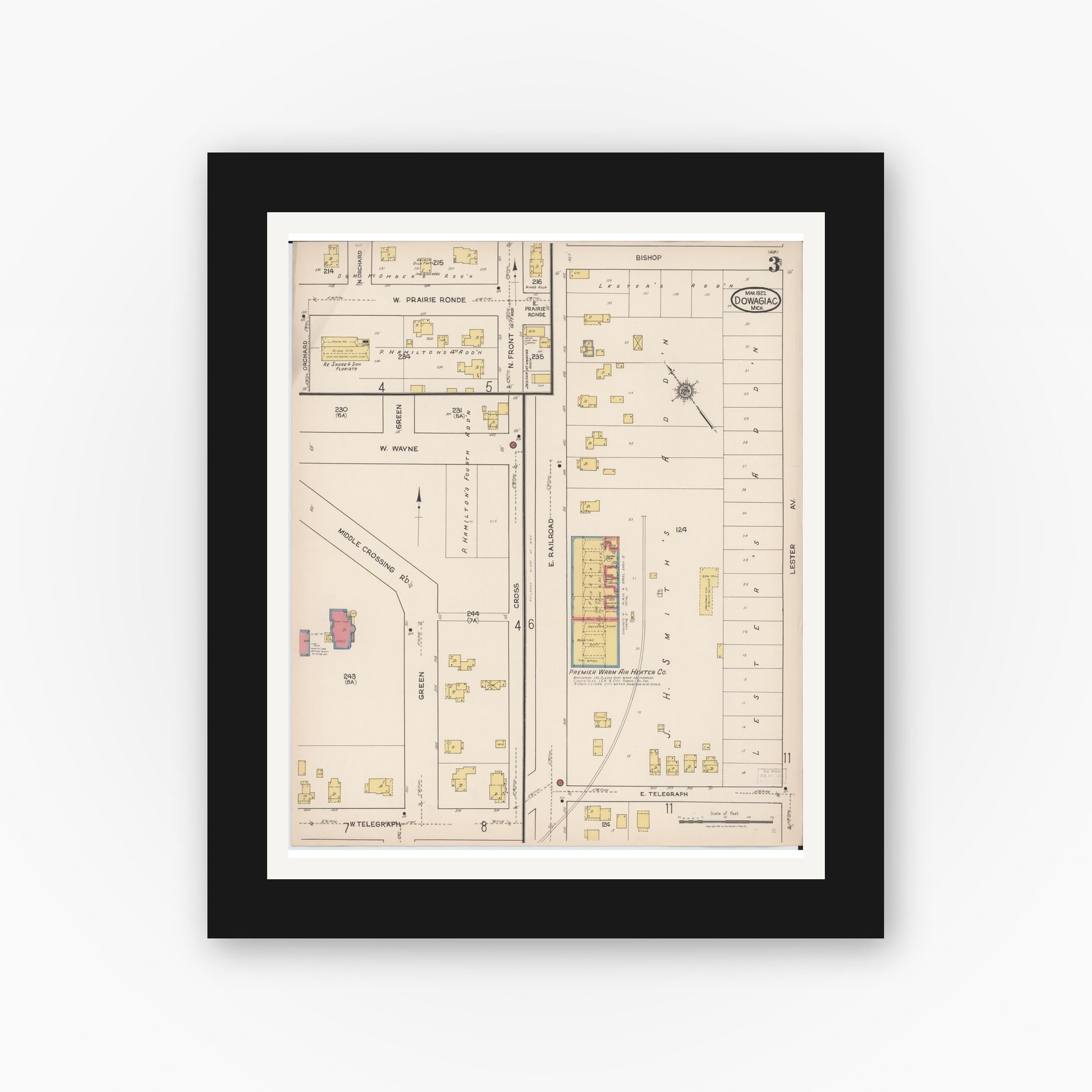 Old map wall art mockup — black gallery frame with white mat — Sanborn Fire Insurance Map from Dowagiac, Cass County, Michigan (1922), Sheet #0003