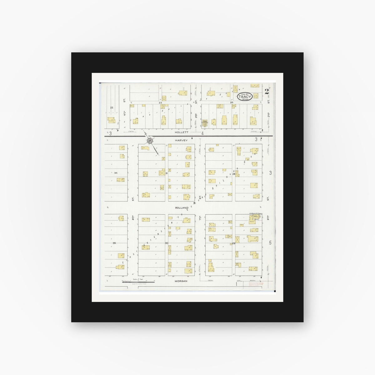Old map wall art mockup — black gallery frame with white mat — Sanborn Fire Insurance Map from Tracy, Lyon County, Minnesota (1917), Sheet #0002