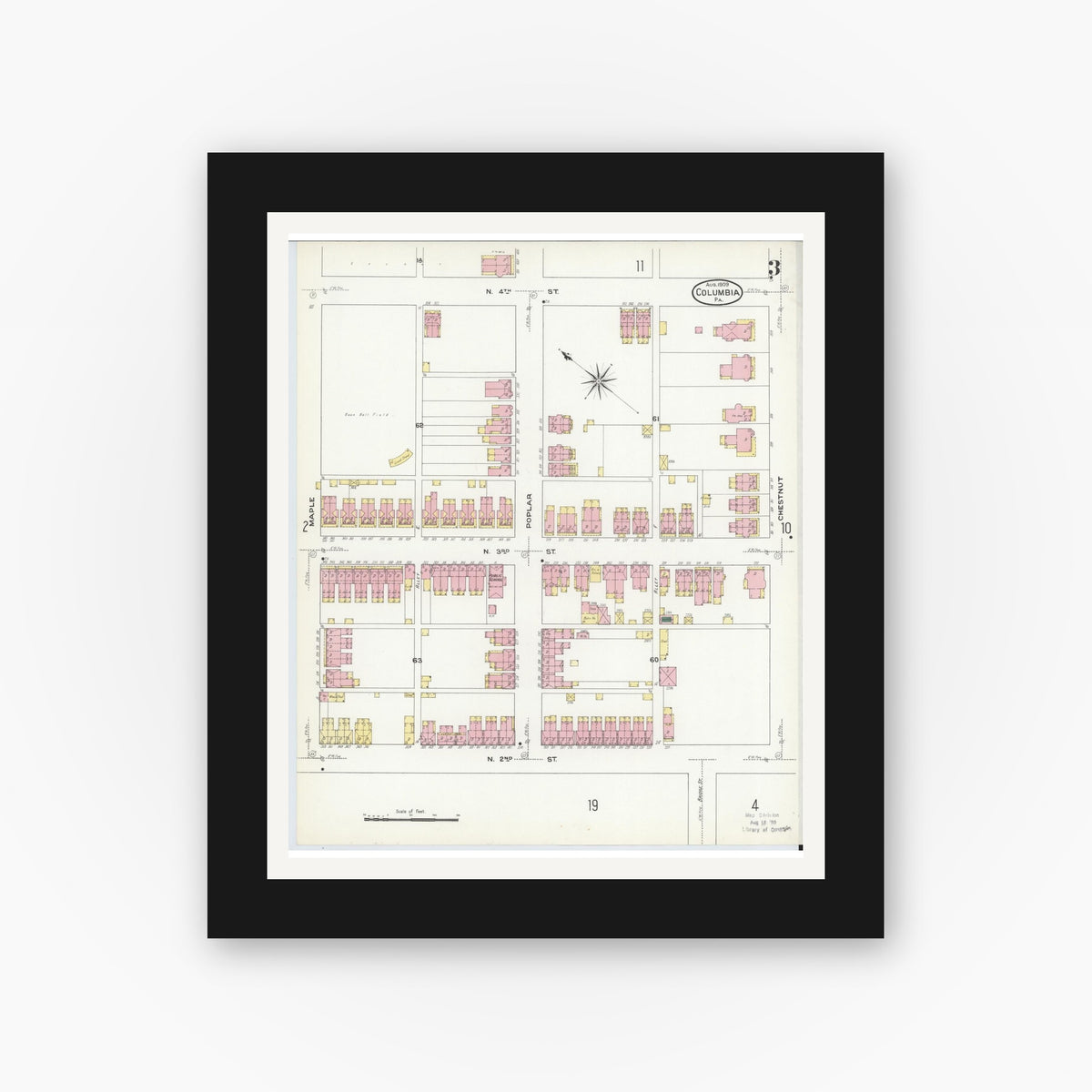 Old map wall art mockup — black gallery frame with white mat — Sanborn Fire Insurance Map from Columbia, Lancaster County, Pennsylvania (1909), Sheet #0003