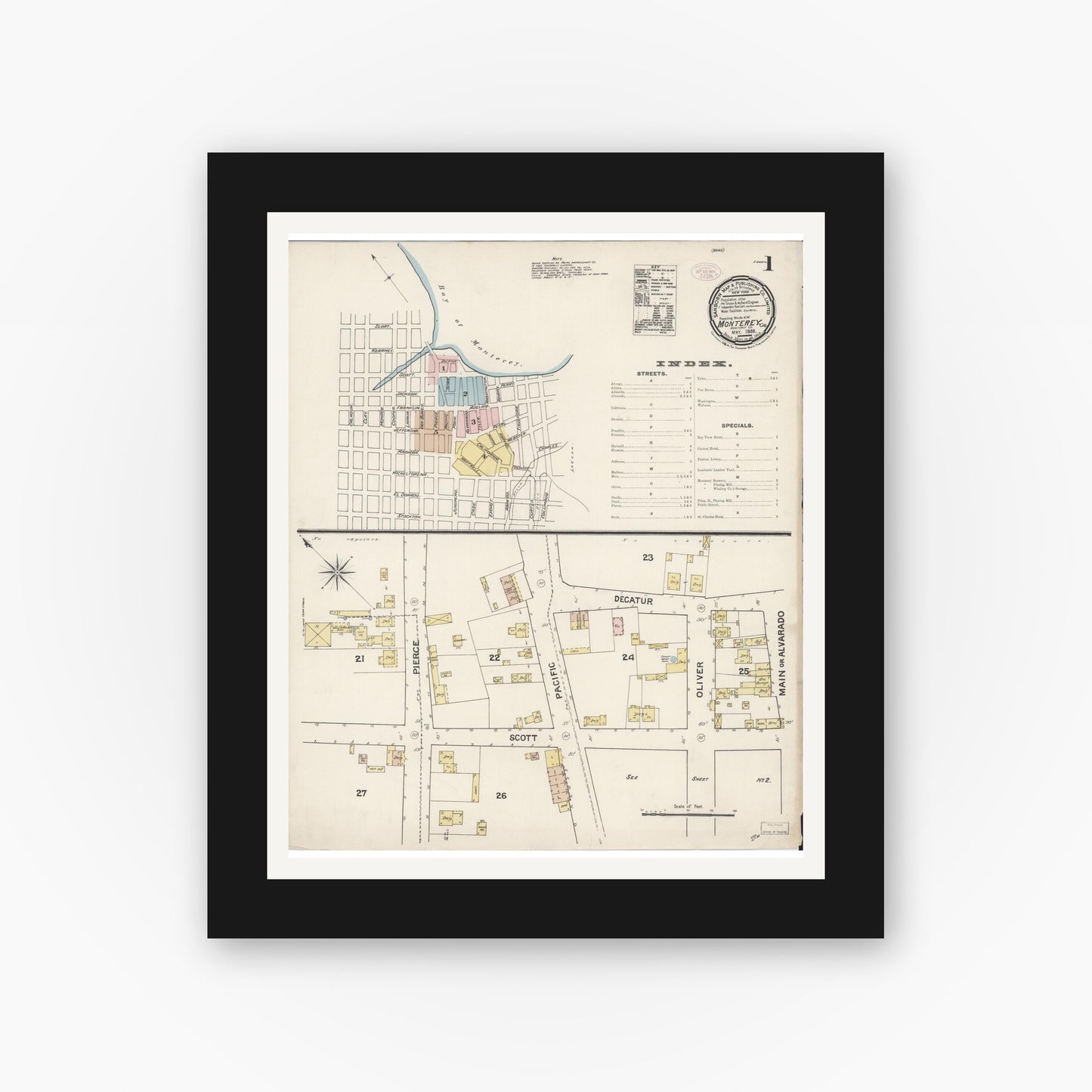 Old map wall art mockup — black gallery frame with white mat — Sanborn Fire Insurance Map from Monterey, Monterey County, California (1888) - Complete Map Set