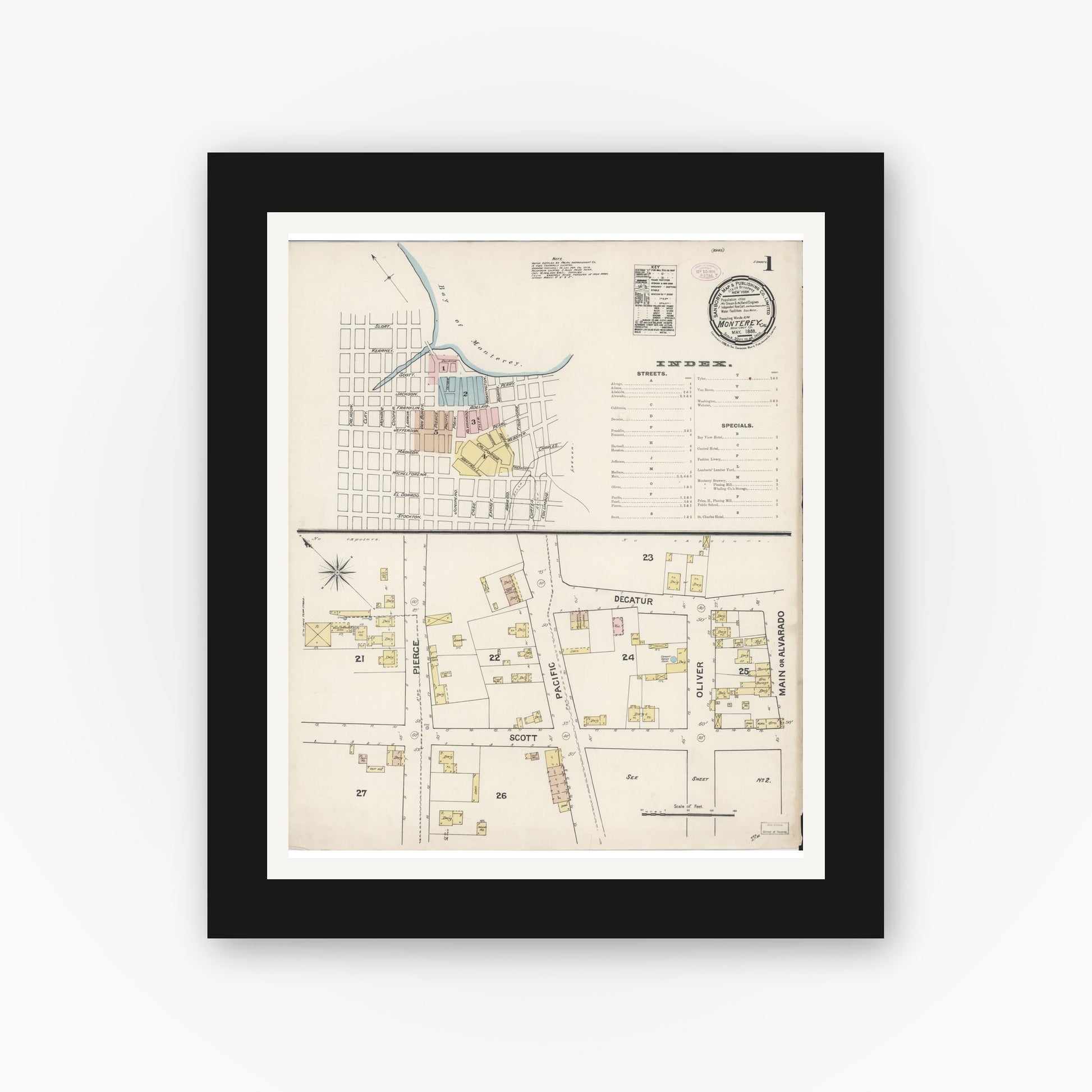 Old map wall art mockup — black gallery frame with white mat — Sanborn Fire Insurance Map from Monterey, Monterey County, California (1888) - Complete Map Set