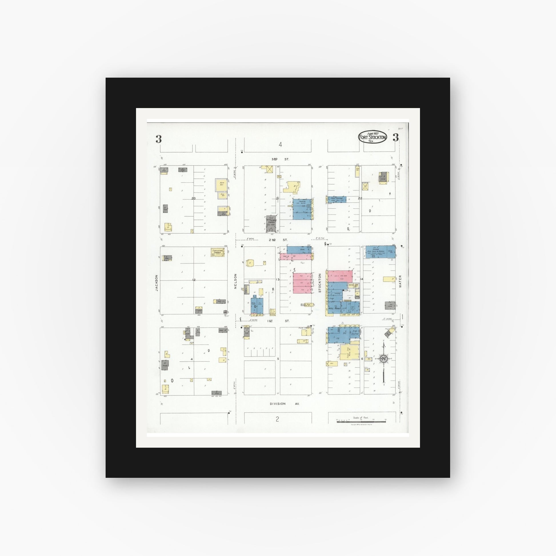 Old map wall art mockup — black gallery frame with white mat — Sanborn Fire Insurance Map from Fort Stockton, Pecos County, Texas (1927), Sheet #0003