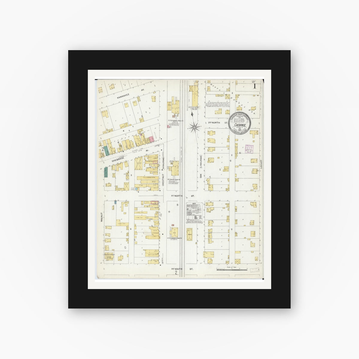 Old map wall art mockup — black gallery frame with white mat — Sanborn Fire Insurance Map from Chebanse, Iroquois And Kankakee County, Illinois (1907), Sheet #0001