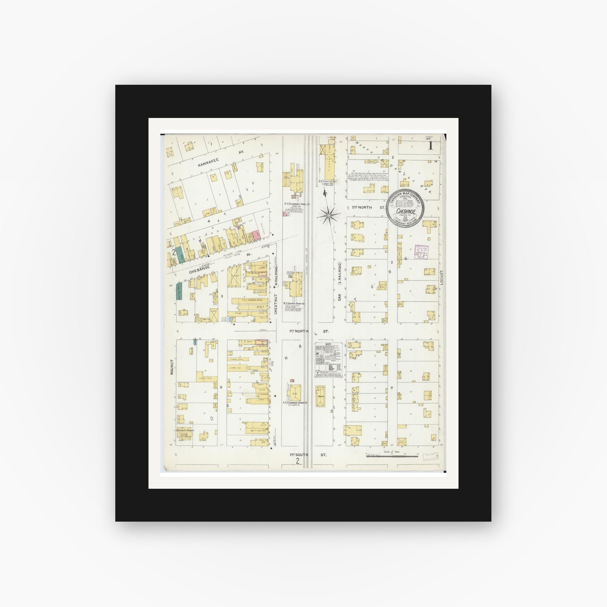 Old map wall art mockup — black gallery frame with white mat — Sanborn Fire Insurance Map from Chebanse, Iroquois And Kankakee County, Illinois (1907), Sheet #0001