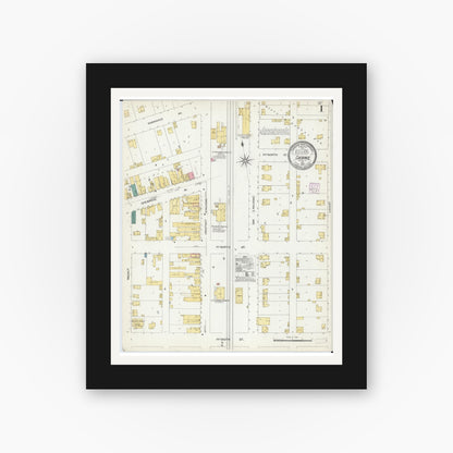Old map wall art mockup — black gallery frame with white mat — Sanborn Fire Insurance Map from Chebanse, Iroquois And Kankakee County, Illinois (1907), Sheet #0001