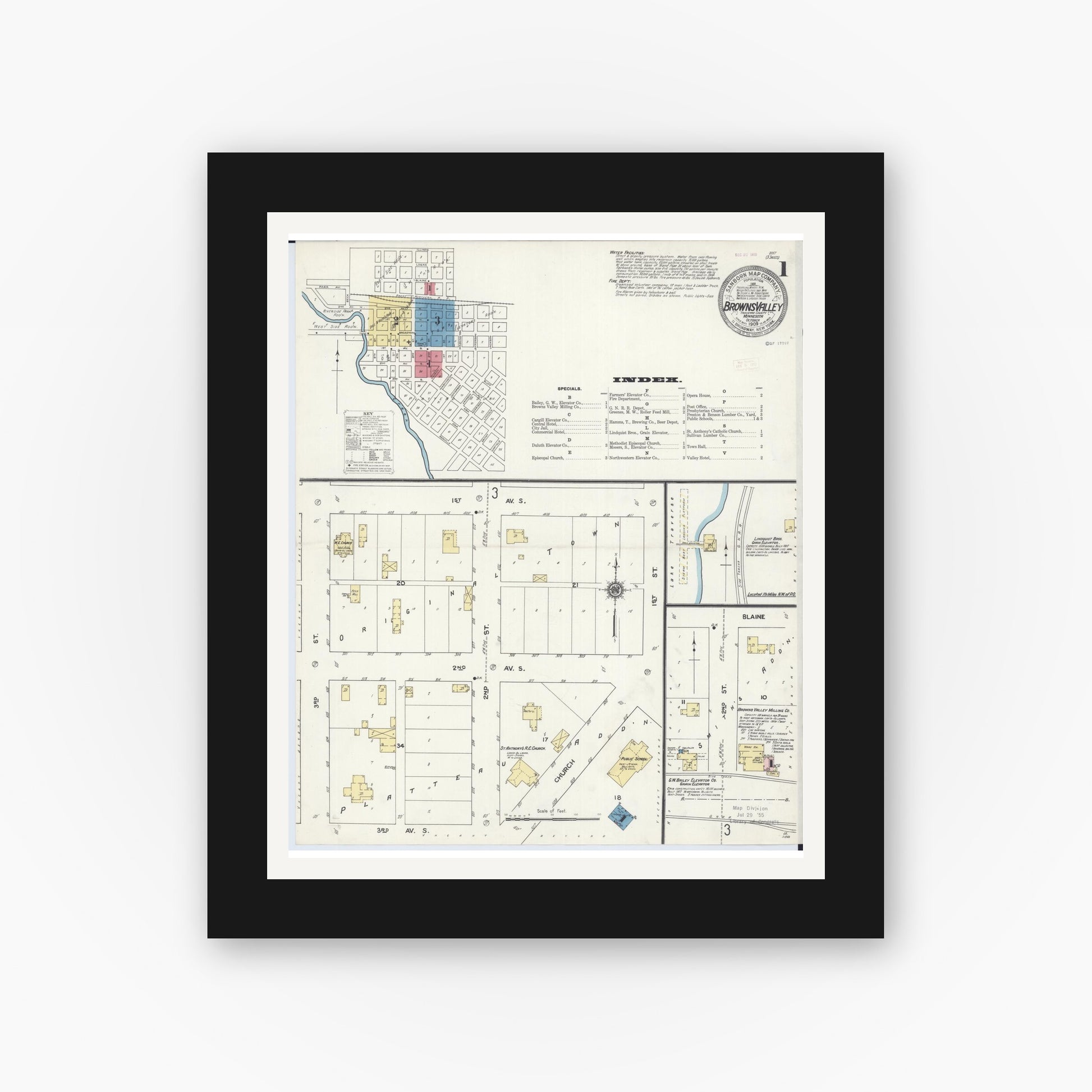 Old map wall art mockup — black gallery frame with white mat — Sanborn Fire Insurance Map from Browns Valley, Traverse County, Minnesota (1909) - Complete Map Set