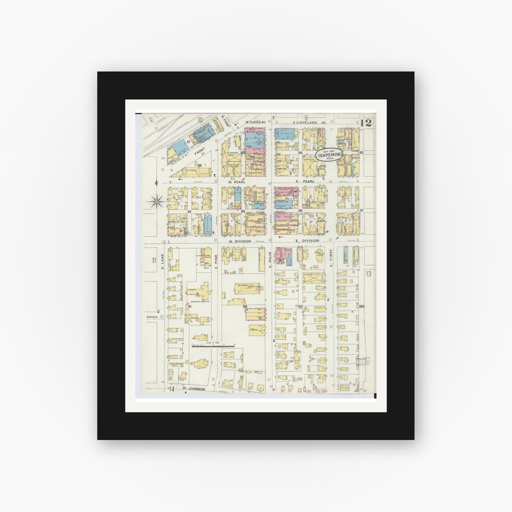 Old map wall art mockup — black gallery frame with white mat — Sanborn Fire Insurance Map from Ishpeming, Marquette County, Michigan (1897), Sheet #0012