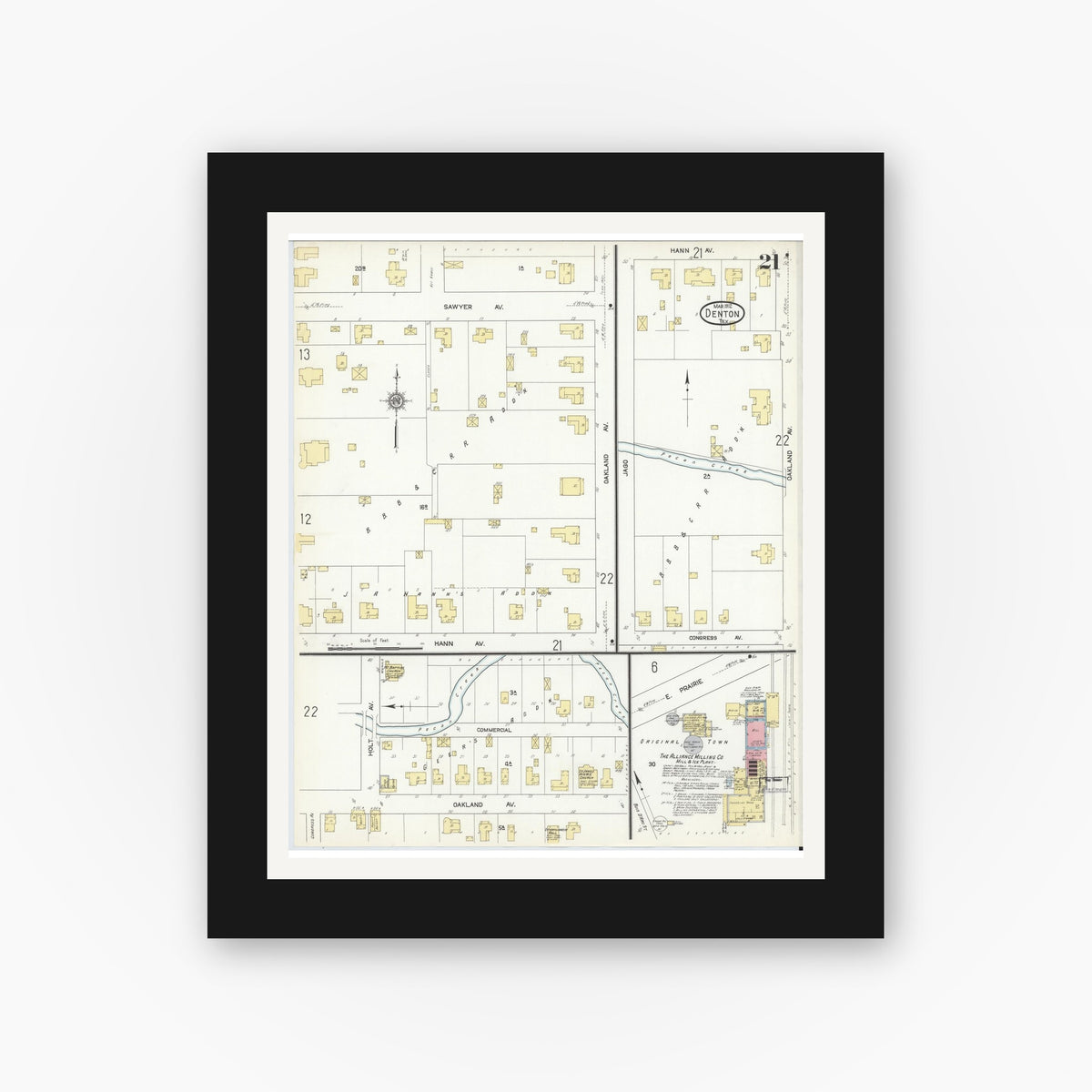 Old map wall art mockup — black gallery frame with white mat — Sanborn Fire Insurance Map from Denton, Denton County, Texas (1912), Sheet #0021