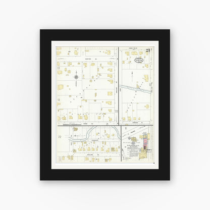 Old map wall art mockup — black gallery frame with white mat — Sanborn Fire Insurance Map from Denton, Denton County, Texas (1912), Sheet #0021