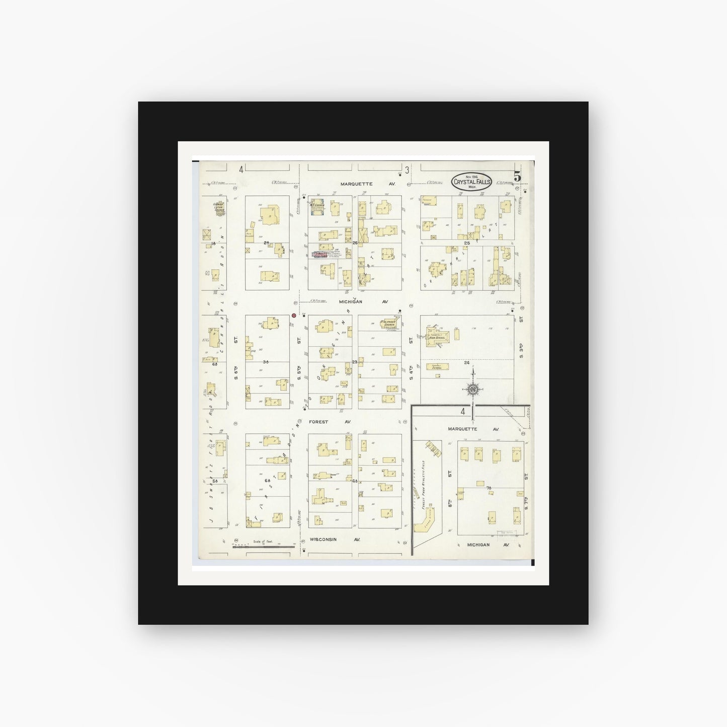Old map wall art mockup — black gallery frame with white mat — Sanborn Fire Insurance Map from Crystal Falls, Iron County, Michigan (1914), Sheet #0005