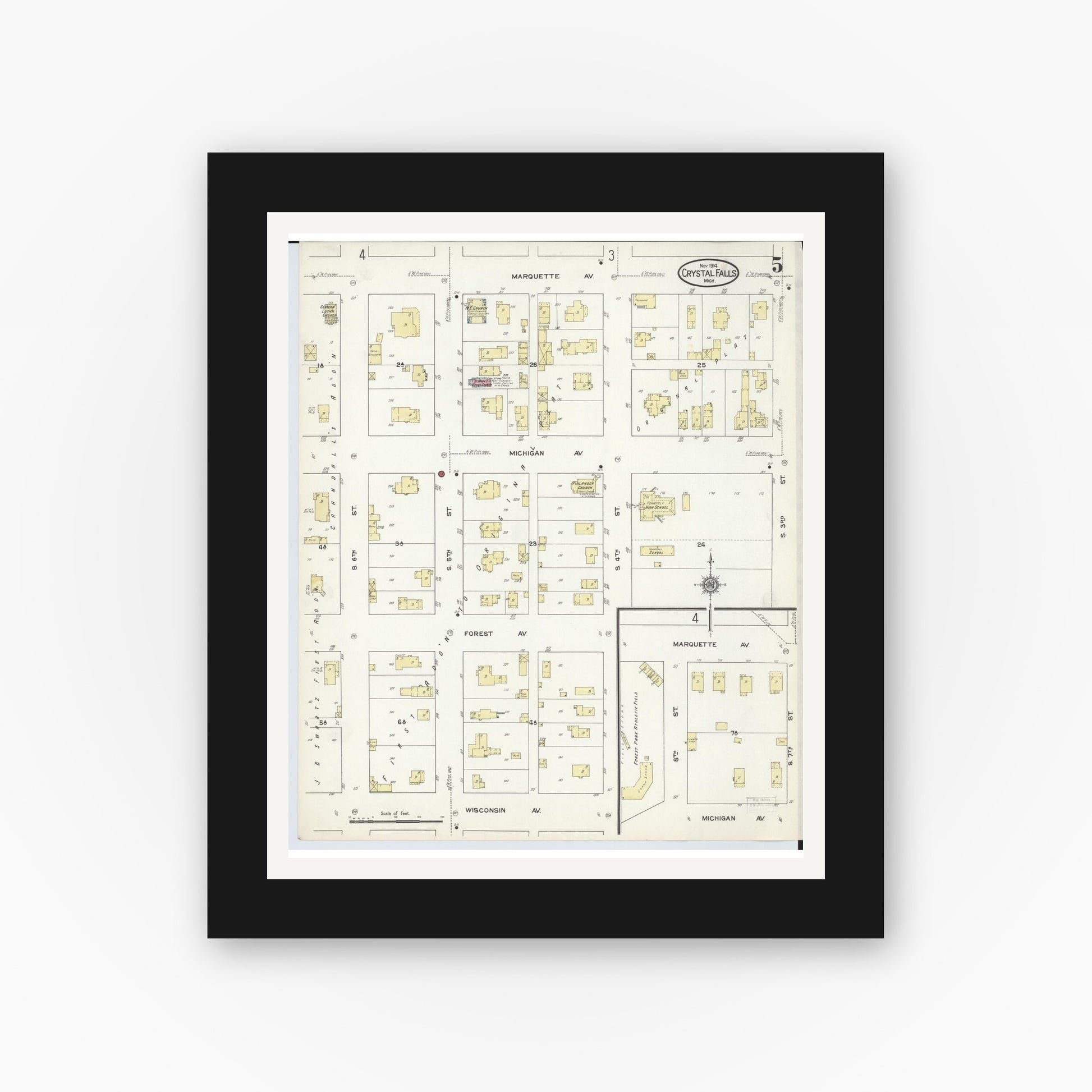 Old map wall art mockup — black gallery frame with white mat — Sanborn Fire Insurance Map from Crystal Falls, Iron County, Michigan (1914), Sheet #0005