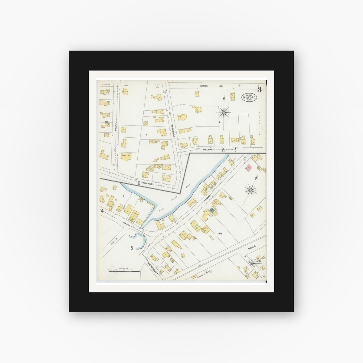 Old map wall art mockup — black gallery frame with white mat — Sanborn Fire Insurance Map from Milford, Worcester County, Massachusetts (1903), Sheet #0003