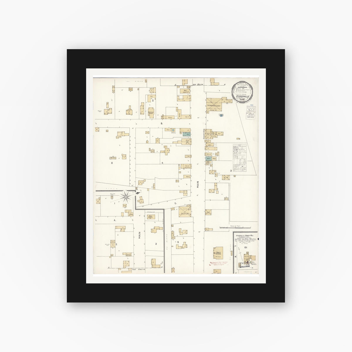 Old map wall art mockup — black gallery frame with white mat — Sanborn Fire Insurance Map from Hydesville, Humboldt County, California (1900), Sheet #0001