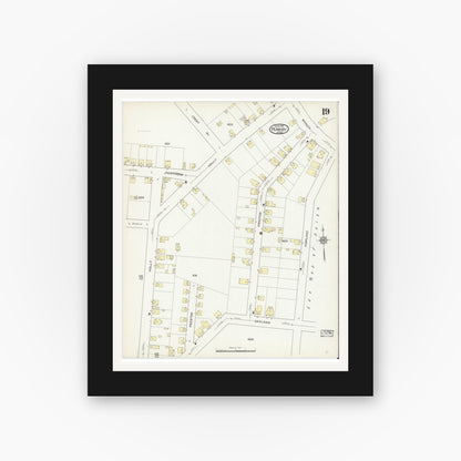 Old map wall art mockup — black gallery frame with white mat — Sanborn Fire Insurance Map from Peabody, Essex County, Massachusetts (1914), Sheet #0019