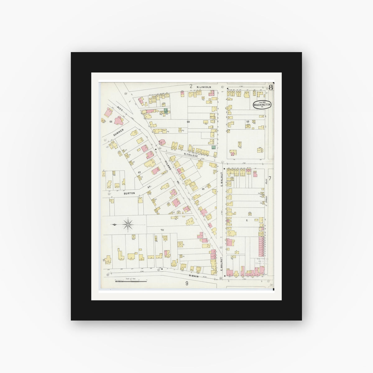 Old map wall art mockup — black gallery frame with white mat — Sanborn Fire Insurance Map from Washington, Washington County, Pennsylvania (1896), Sheet #0008