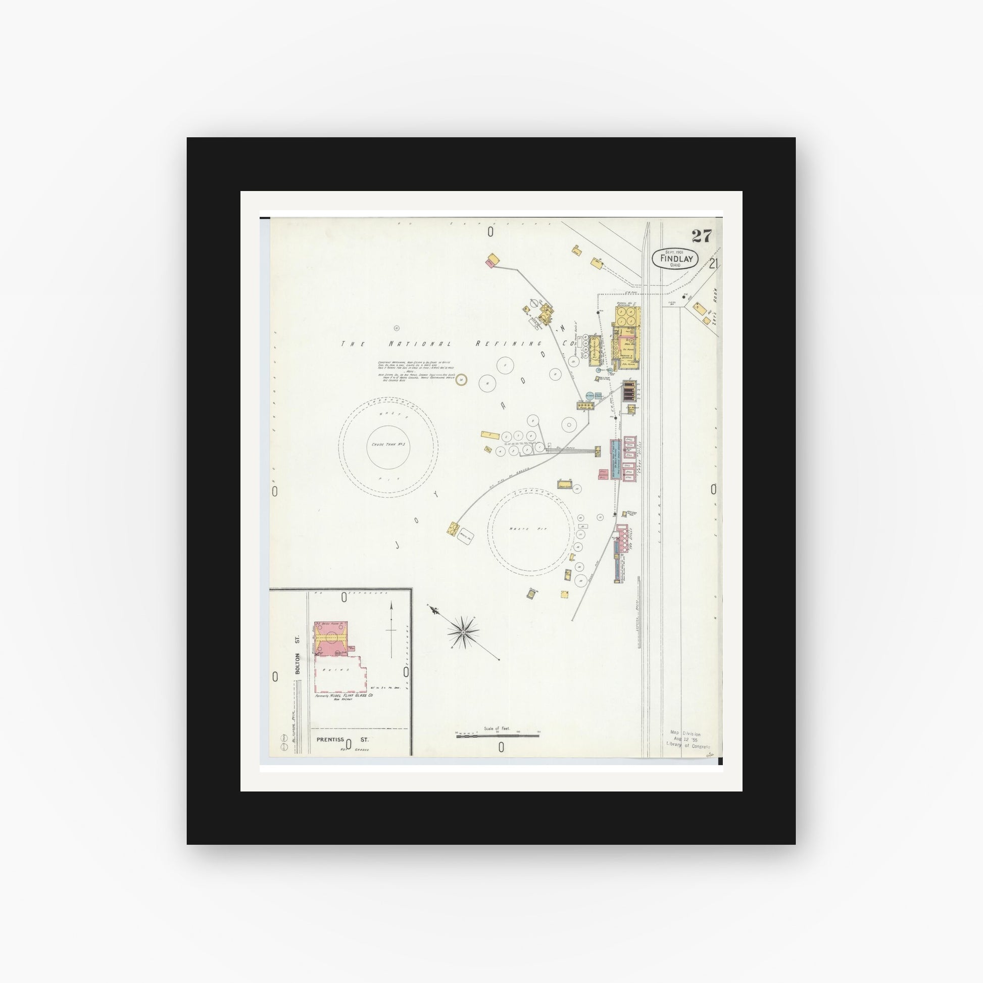 Old map wall art mockup — black gallery frame with white mat — Sanborn Fire Insurance Map from Findlay, Hancock County, Ohio (1901), Sheet #0027