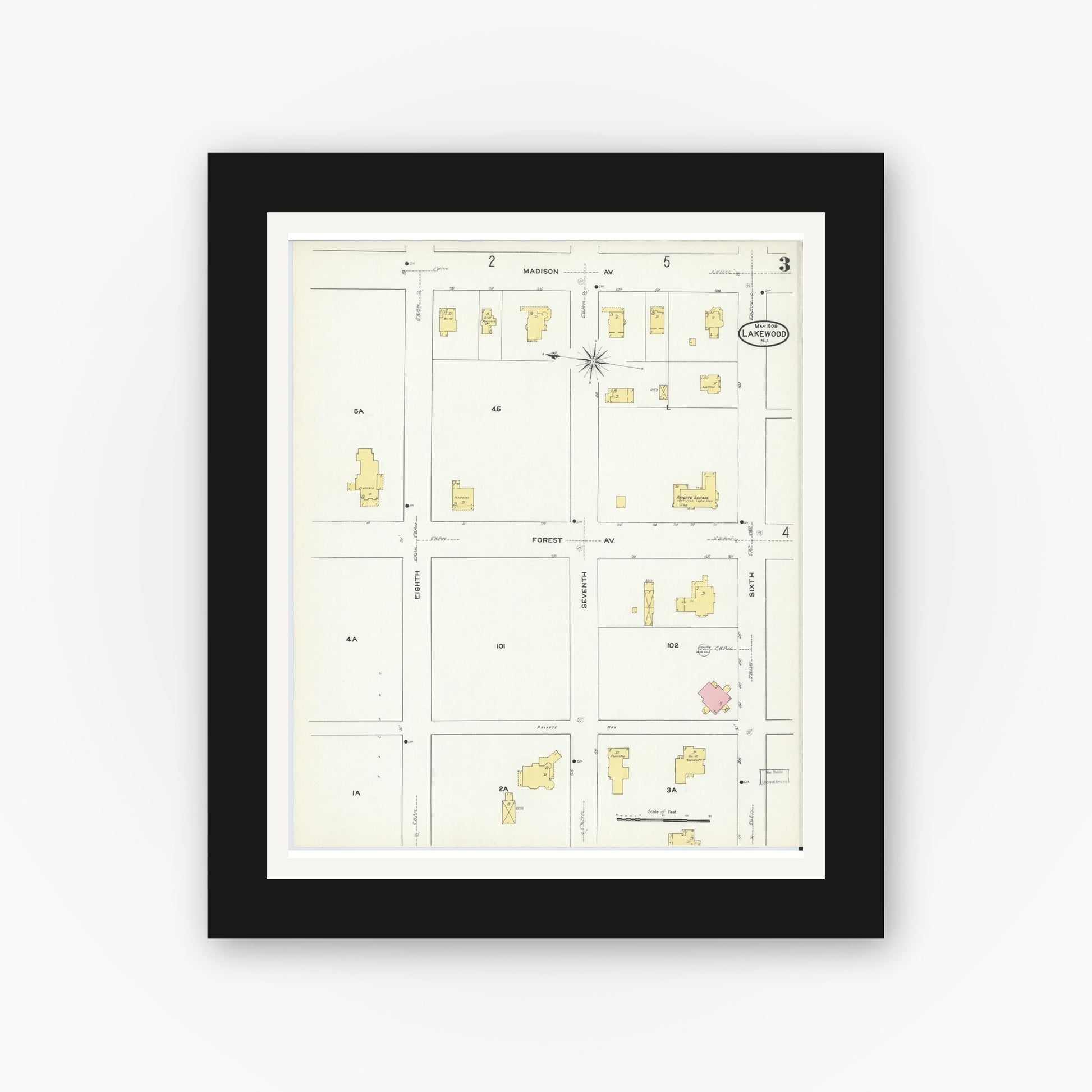Old map wall art mockup — black gallery frame with white mat — Sanborn Fire Insurance Map from Lakewood, Ocean County, New Jersey (1909), Sheet #0003