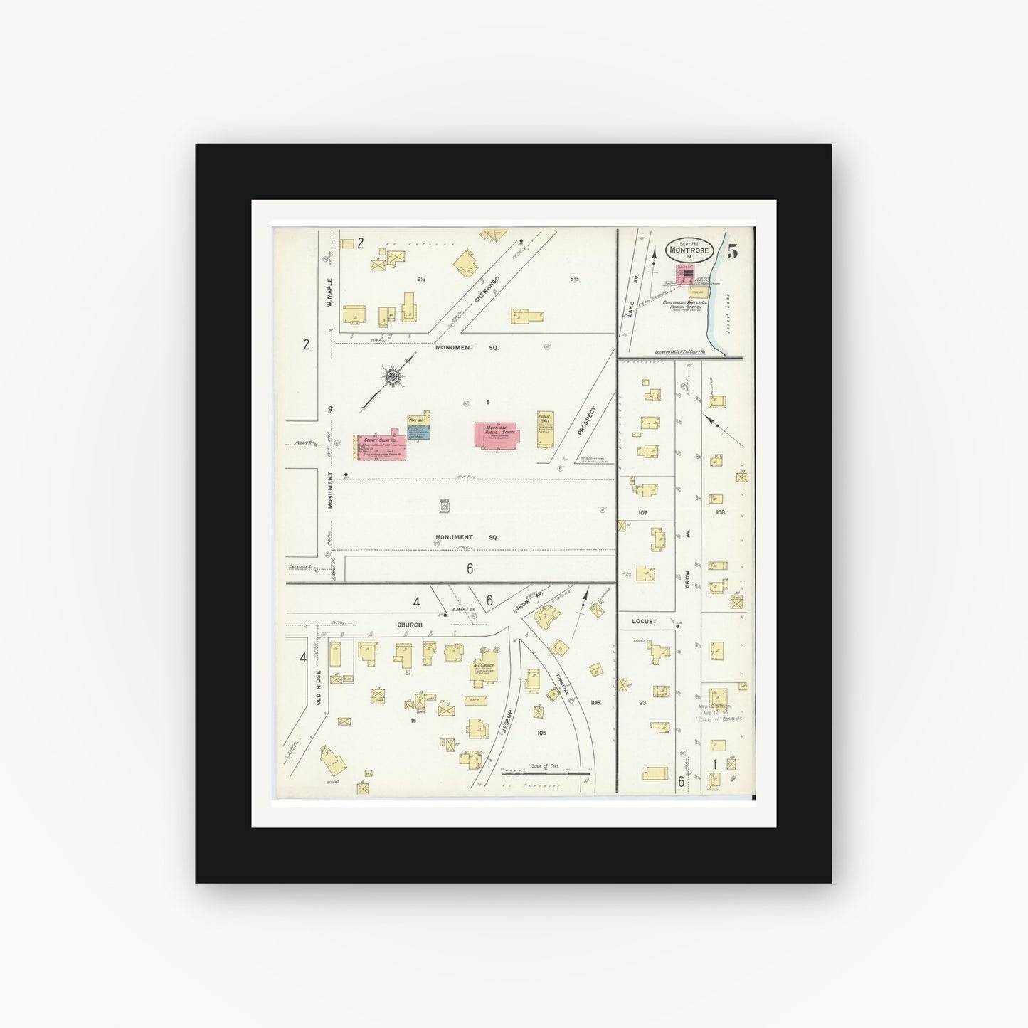 Old map wall art mockup — black gallery frame with white mat — Sanborn Fire Insurance Map from Montrose, Susquehanna County, Pennsylvania (1911), Sheet #0005