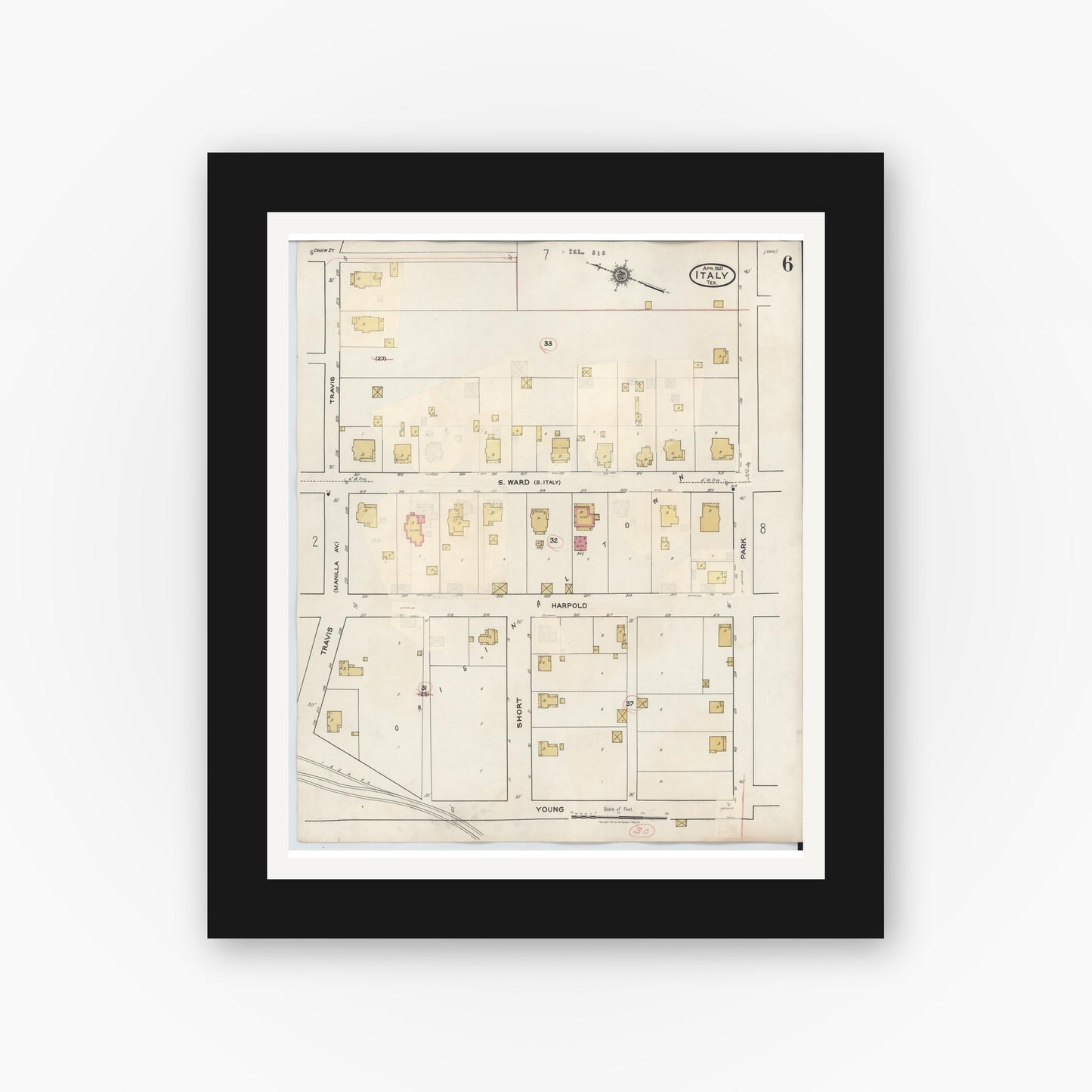 Old map wall art mockup — black gallery frame with white mat — Sanborn Fire Insurance Map from Italy, Ellis County, Texas (1944), Sheet #0006
