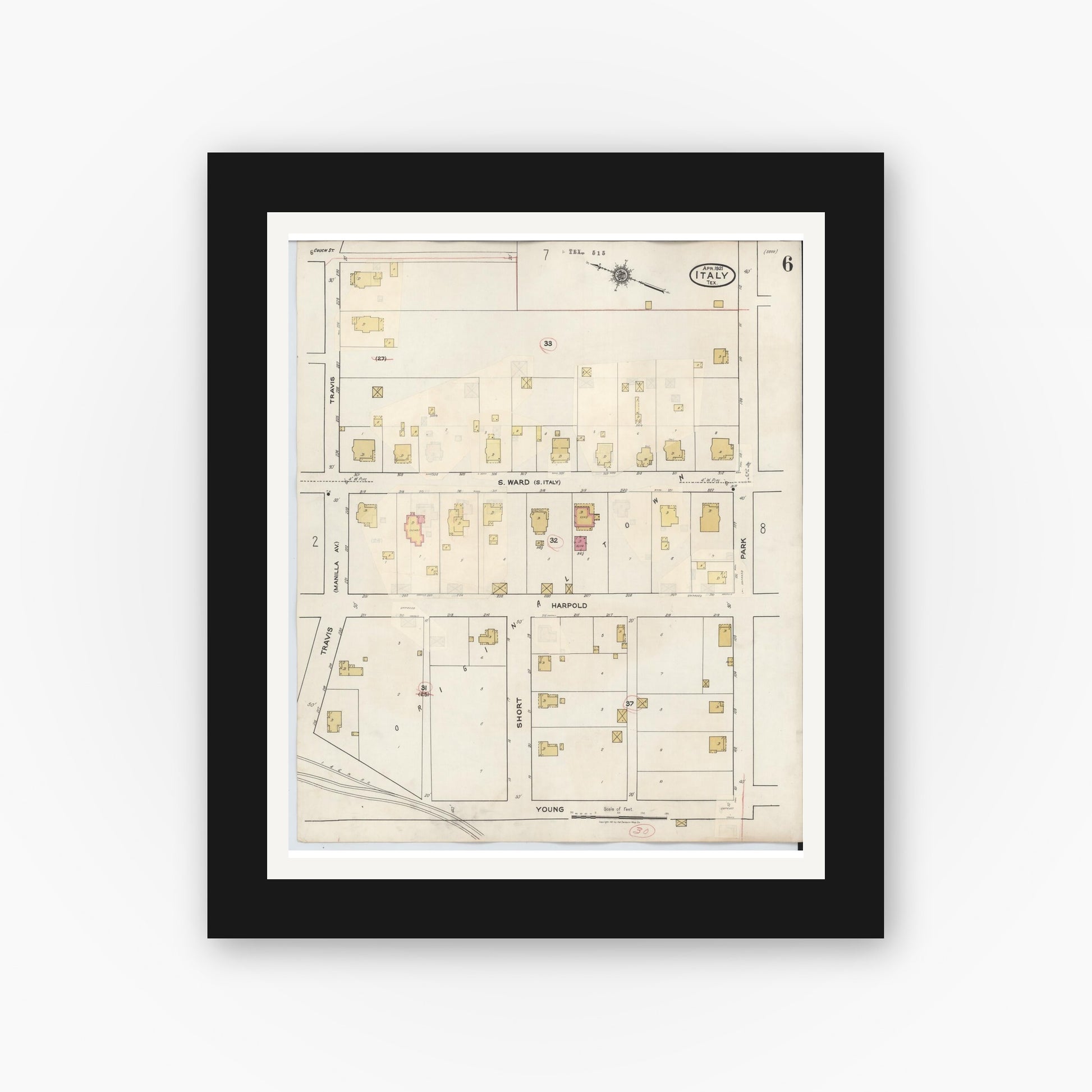 Old map wall art mockup — black gallery frame with white mat — Sanborn Fire Insurance Map from Italy, Ellis County, Texas (1944), Sheet #0006