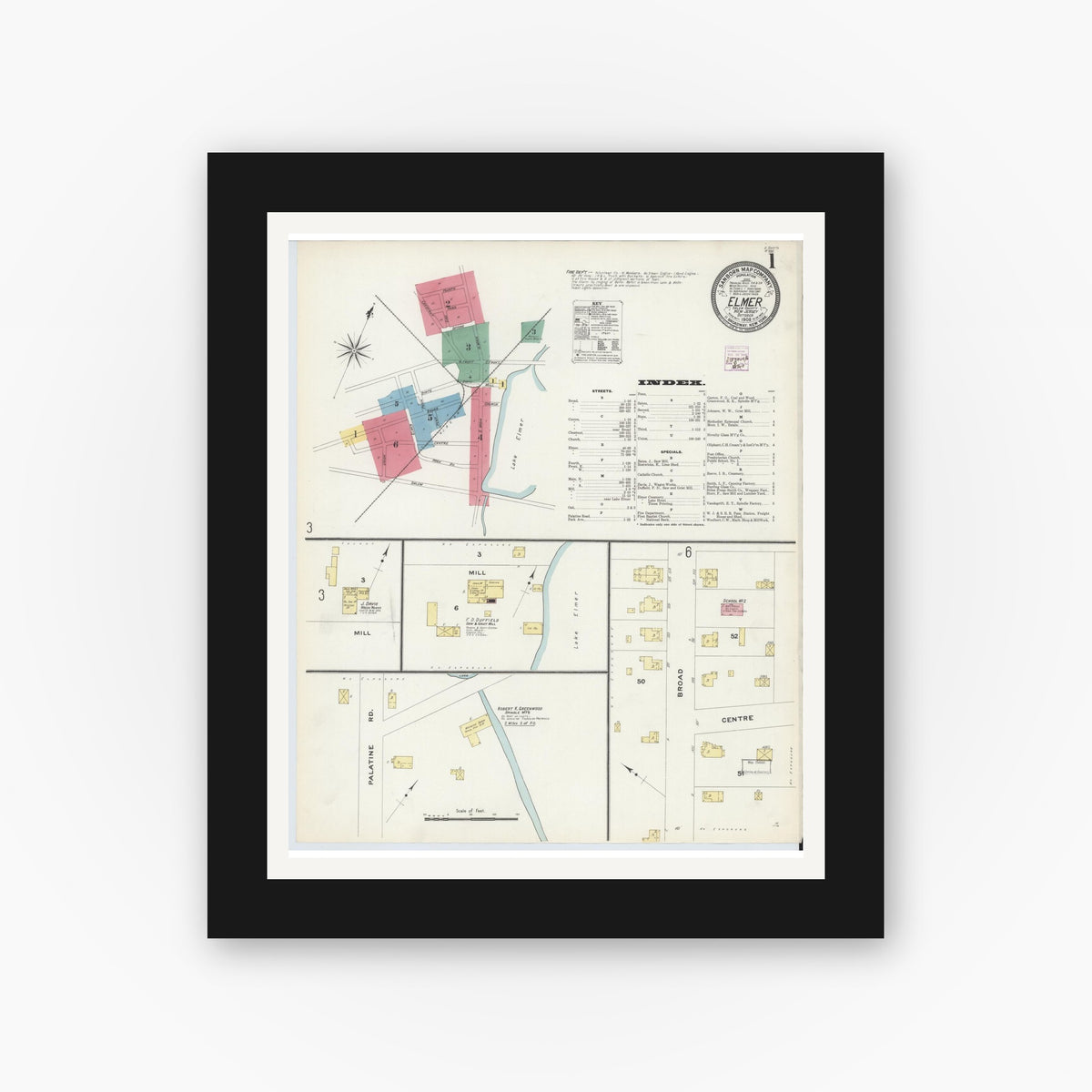 Old map wall art mockup — black gallery frame with white mat — Sanborn Fire Insurance Map from Elmer, Salem County, New Jersey (1908) - Complete Map Set