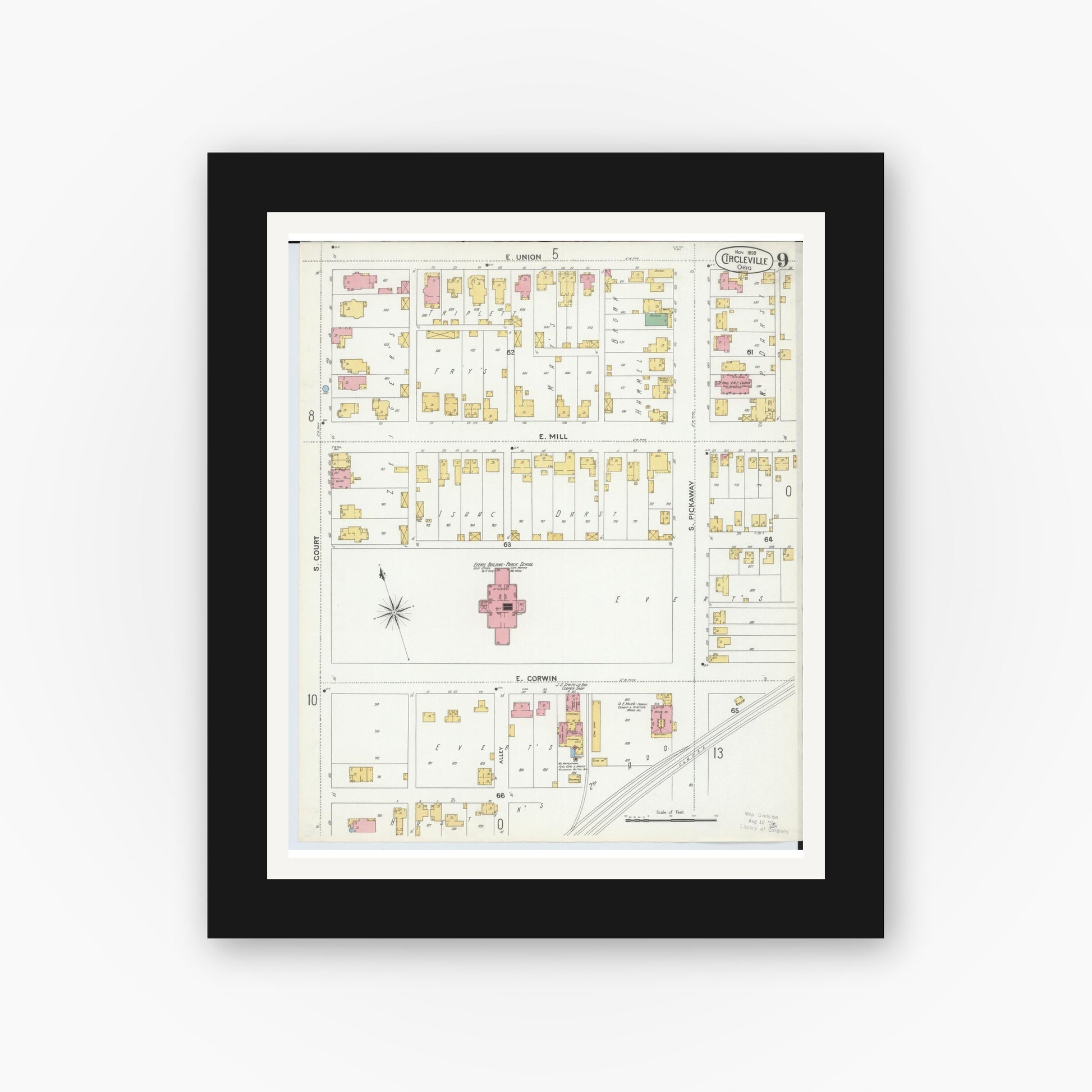 Old map wall art mockup — black gallery frame with white mat — Sanborn Fire Insurance Map from Circleville, Pickaway County, Ohio (1899), Sheet #0009