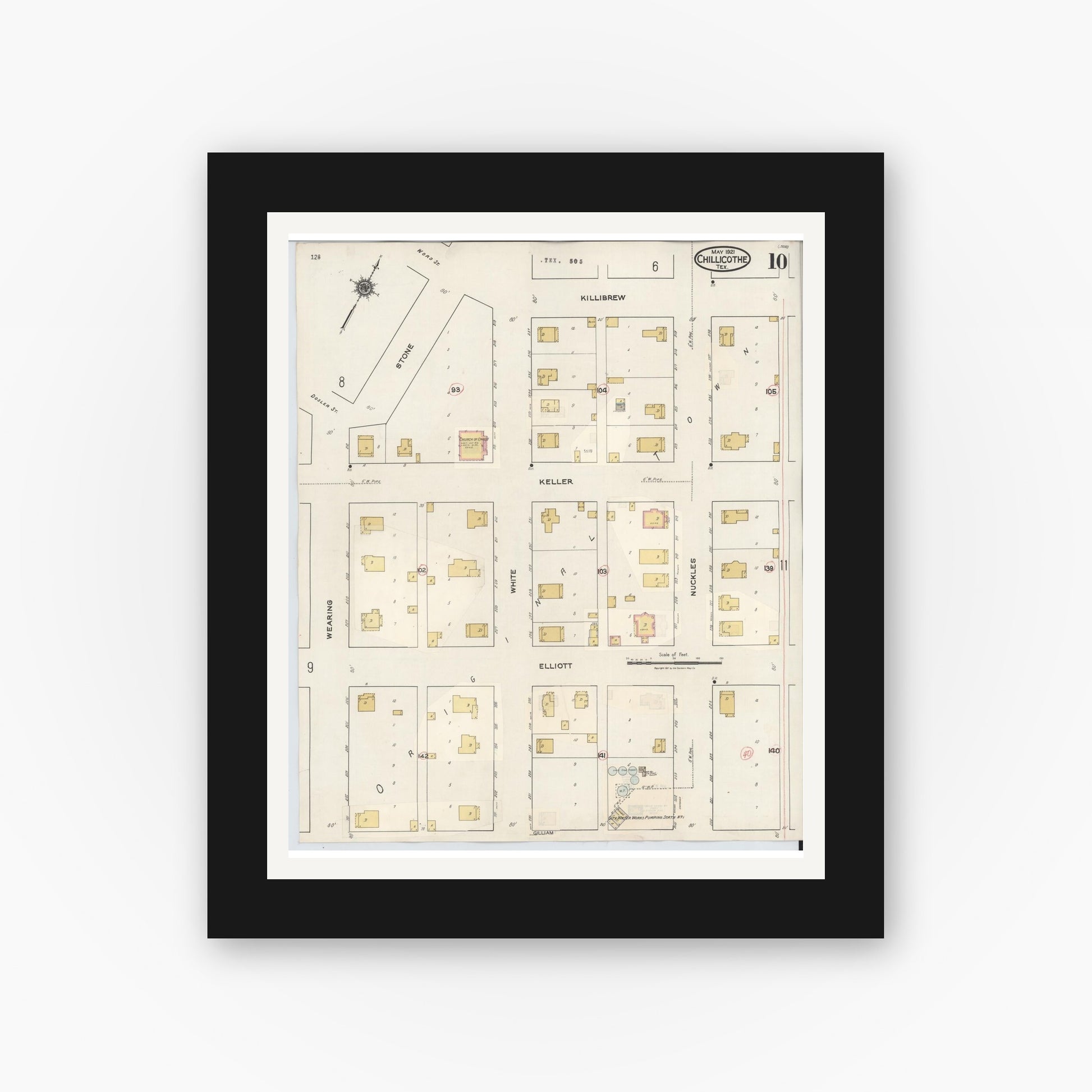 Old map wall art mockup — black gallery frame with white mat — Sanborn Fire Insurance Map from Chillicothe, Hardeman County, Texas (1941), Sheet #0010