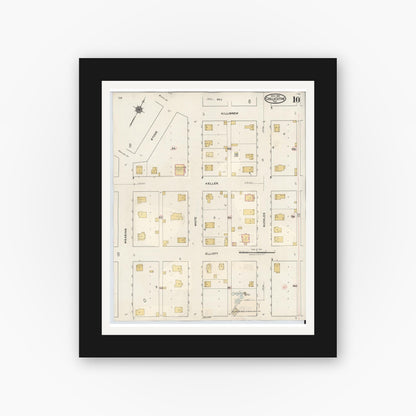 Old map wall art mockup — black gallery frame with white mat — Sanborn Fire Insurance Map from Chillicothe, Hardeman County, Texas (1941), Sheet #0010