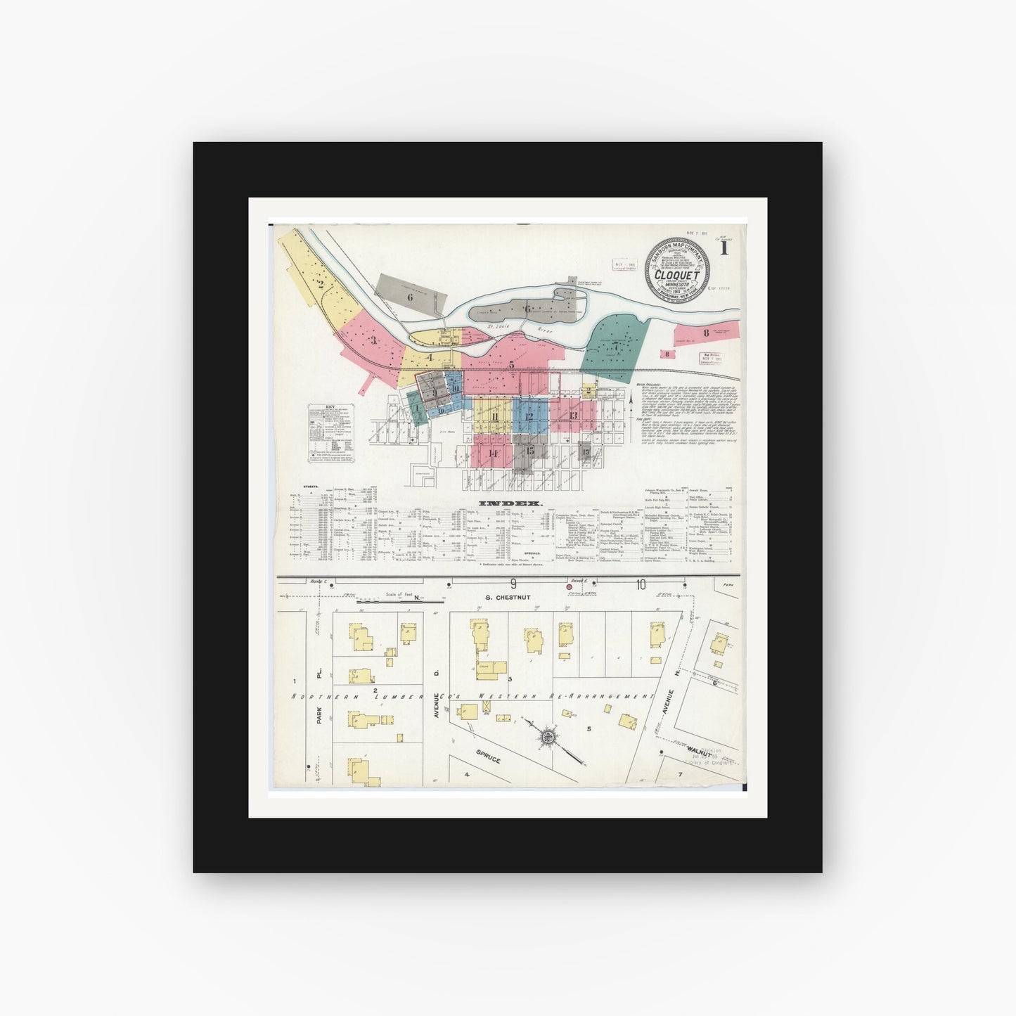 Old map wall art mockup — black gallery frame with white mat — Sanborn Fire Insurance Map from Cloquet, Carlton County, Minnesota (1911) - Complete Map Set